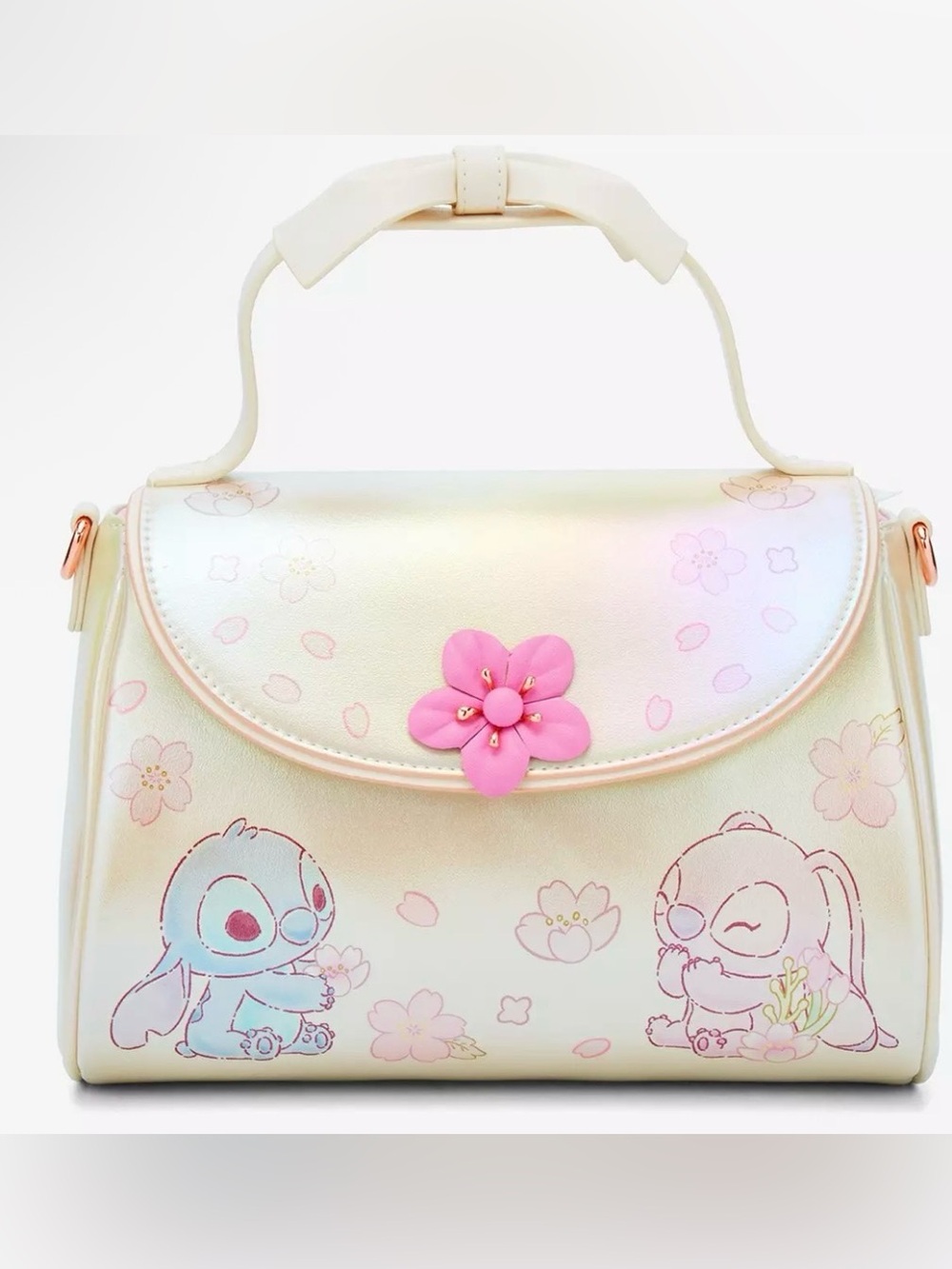 Loungefly Disney Stitch & Angel Pastel Cherry Blossoms Iridescent Crossbody Bag